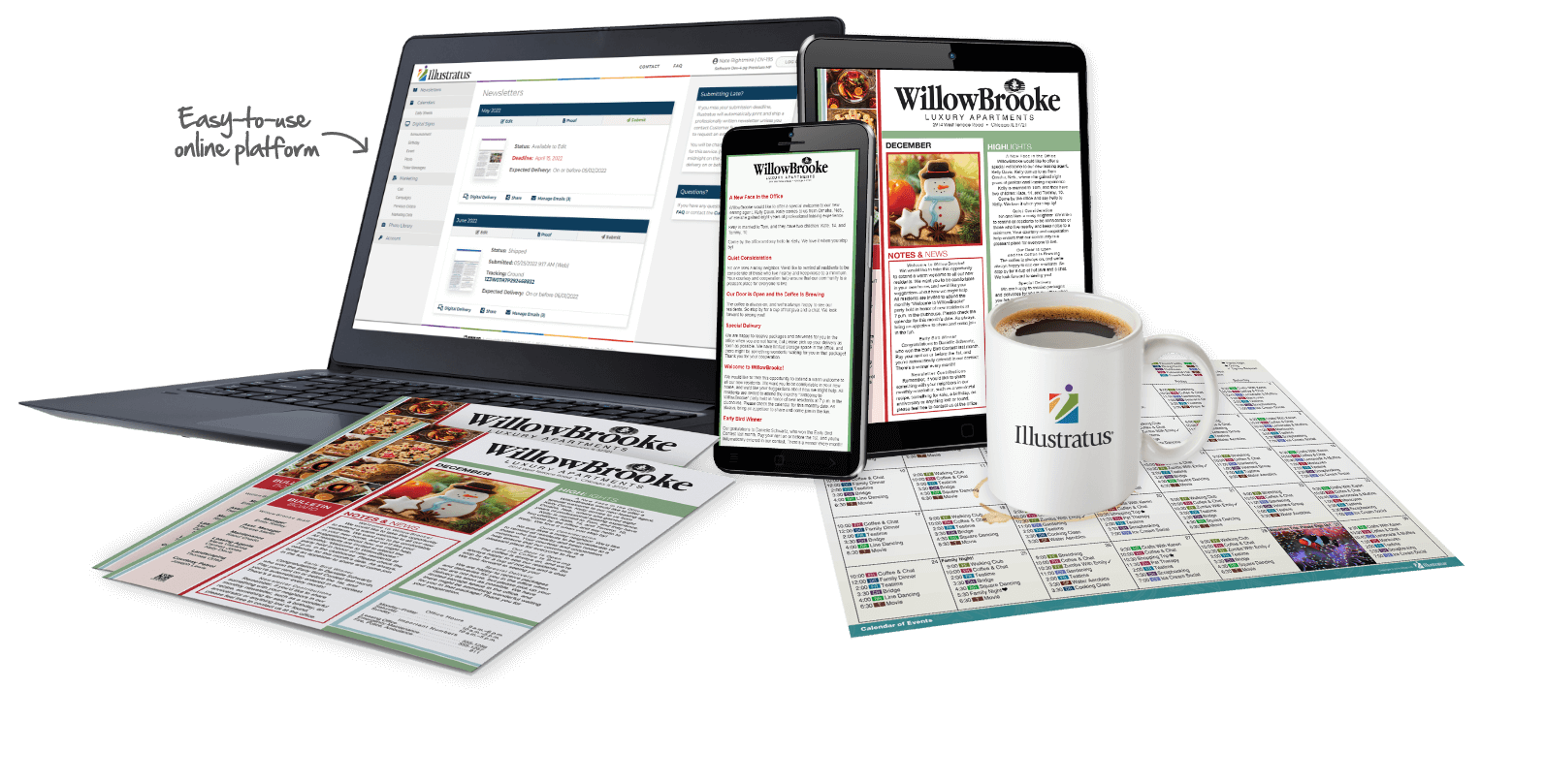 Editing software shown on screens with printed newsletters and calendar